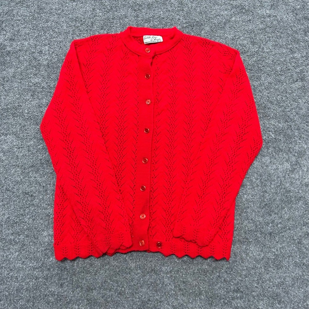 Cuddle Knit Cardigan Womens Size M Red Pointelle Knit Button Up Scalloped Hem